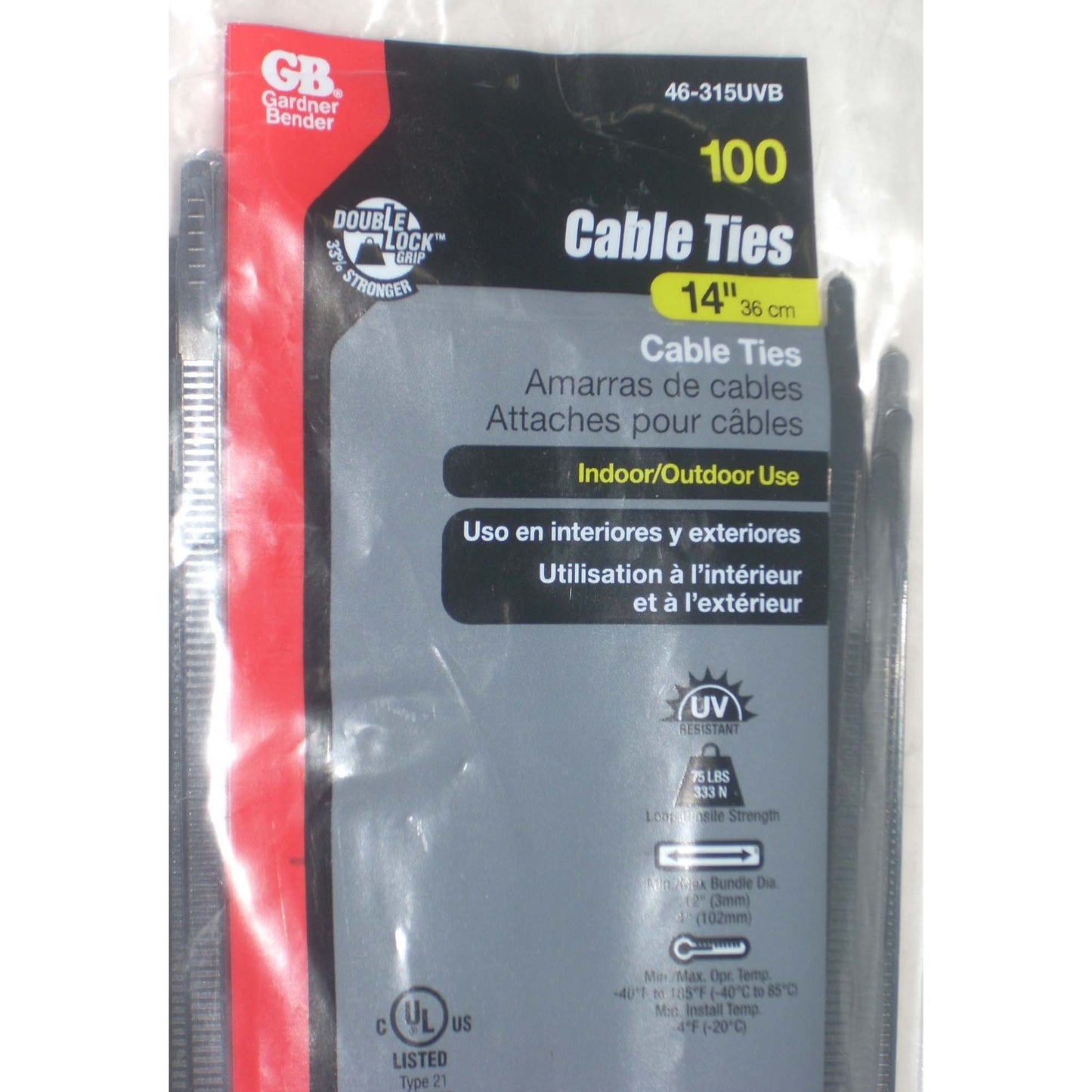 Gardner Bender 46-315UVB Black Zip Tie Cable Ties 14" Long 75 lb 100 pk