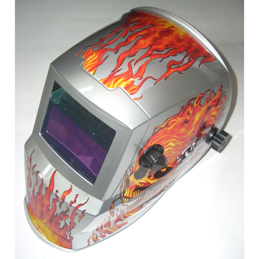 Silver Flames Welding Helmet Auto Darkening Adj Shade 9-13 Solar w 2 Extra Lens