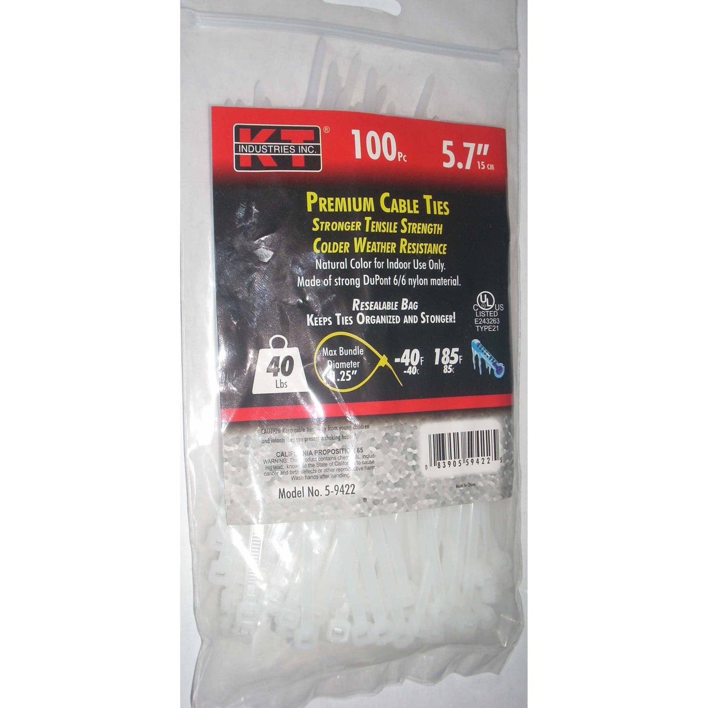KT Industries 5-9422 Premium White Cable Ties 5.7" Long 40 lb Cap 100 pk