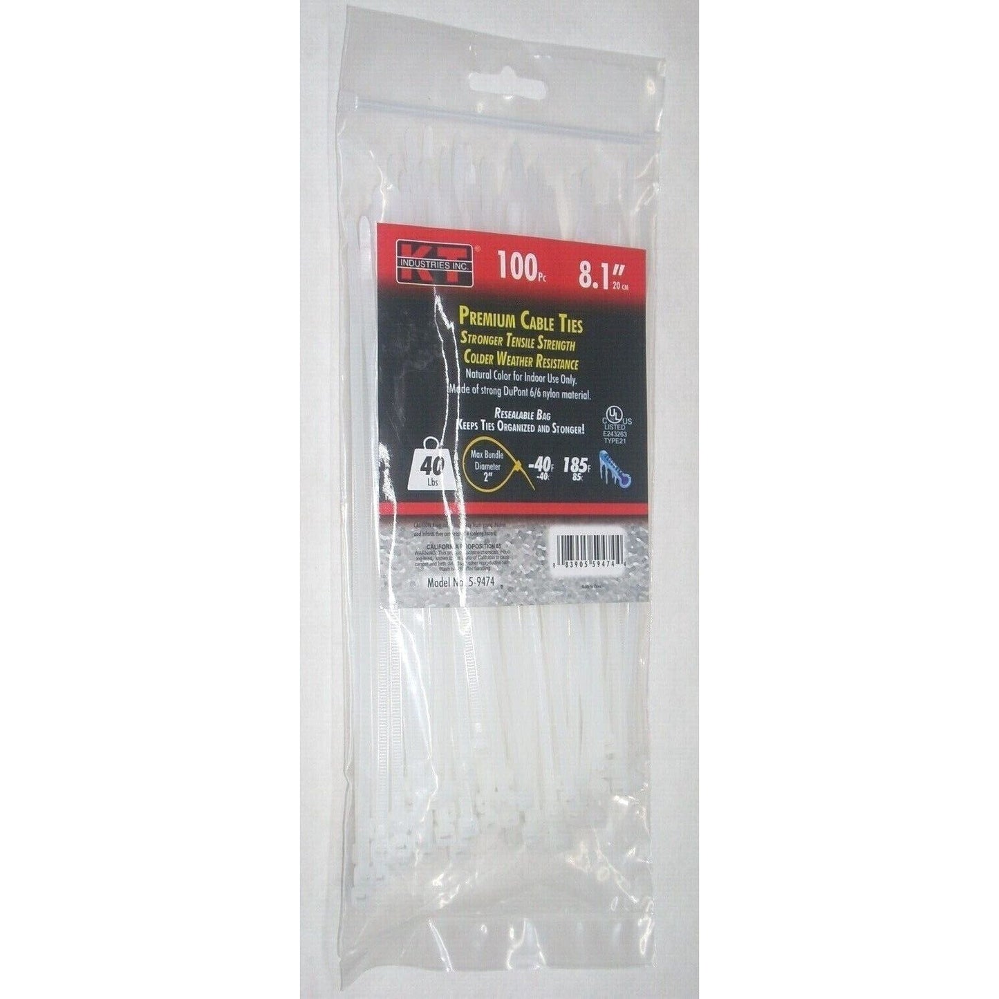 KT Industries 5-9474 Premium White Cable Ties 8.1" Long 40 lb Cap 100 pk