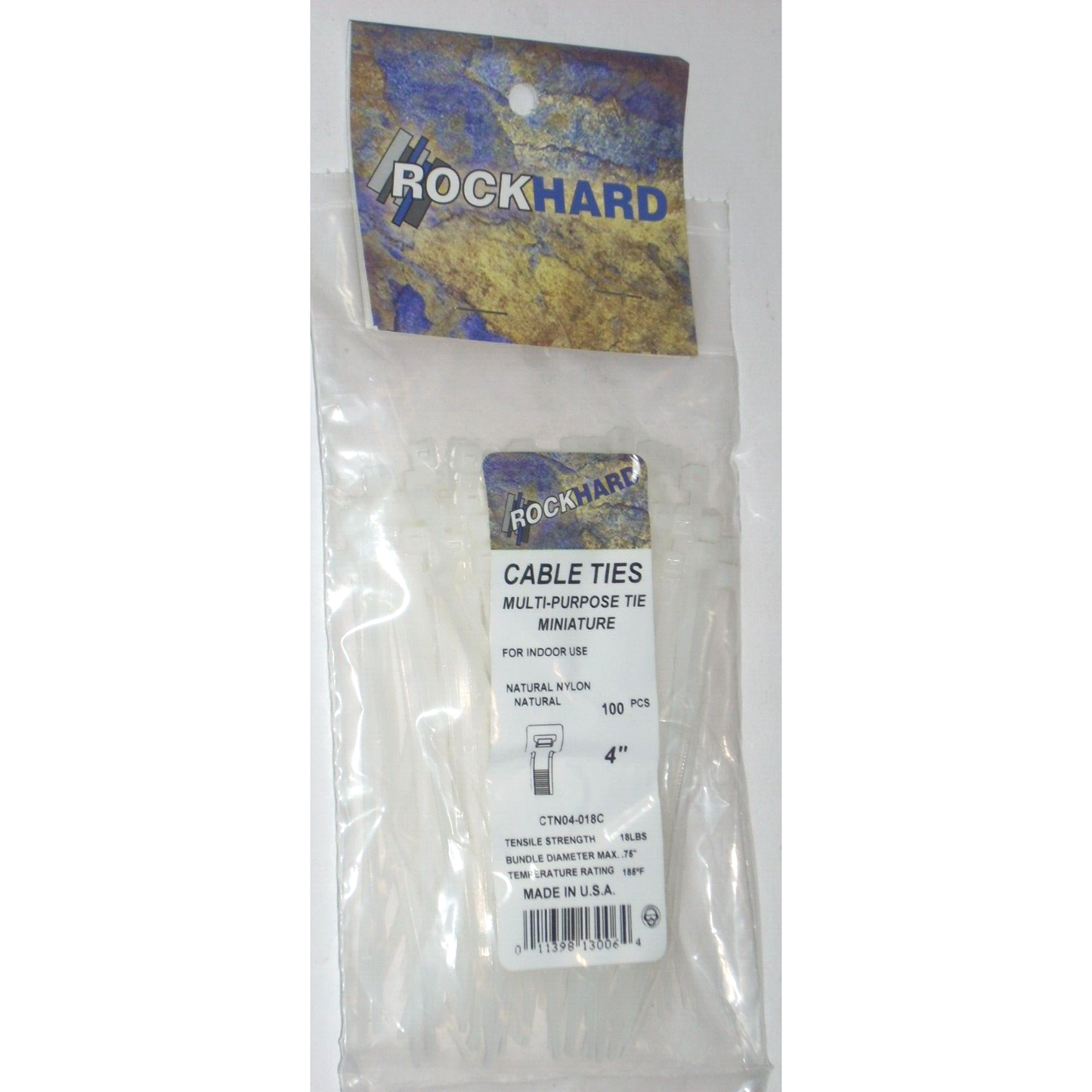 Rock Hard CTN04-018C White Cable Ties 4 in Long 18 lb Capacity USA Made 100pk