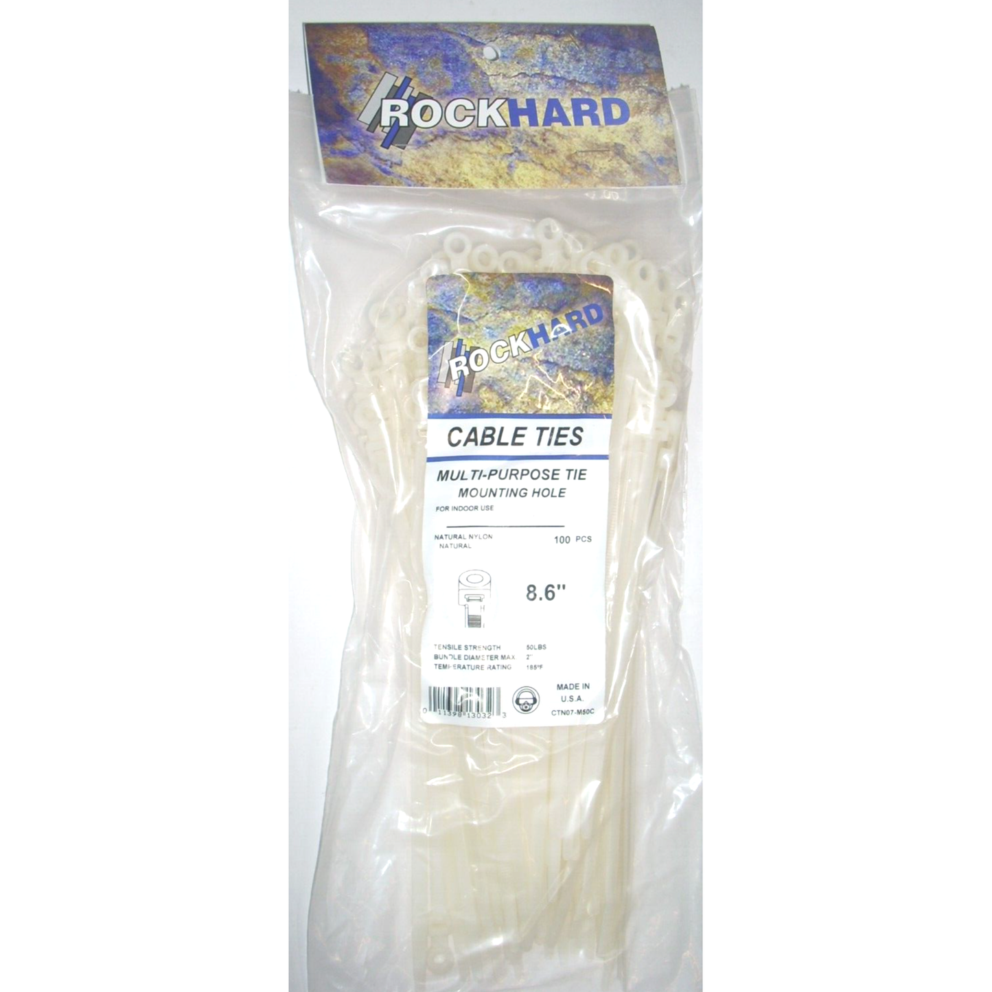 Rock Hard CTN07-M50C White Cable Ties 8.6 in Long 50 lb Capacity USA Made 100pk