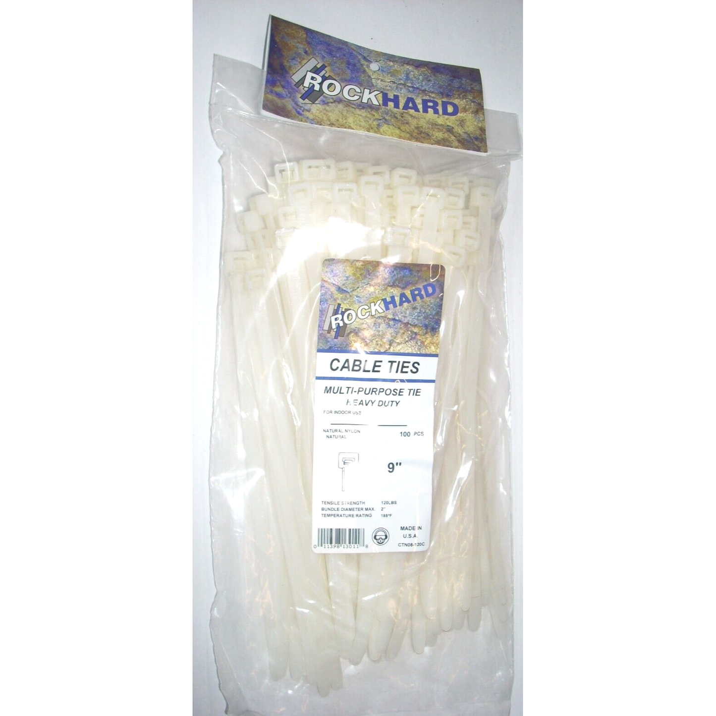 Rock Hard CTN08-120C White Cable Ties 9 in Long 120 lb Capacity USA Made 100pk