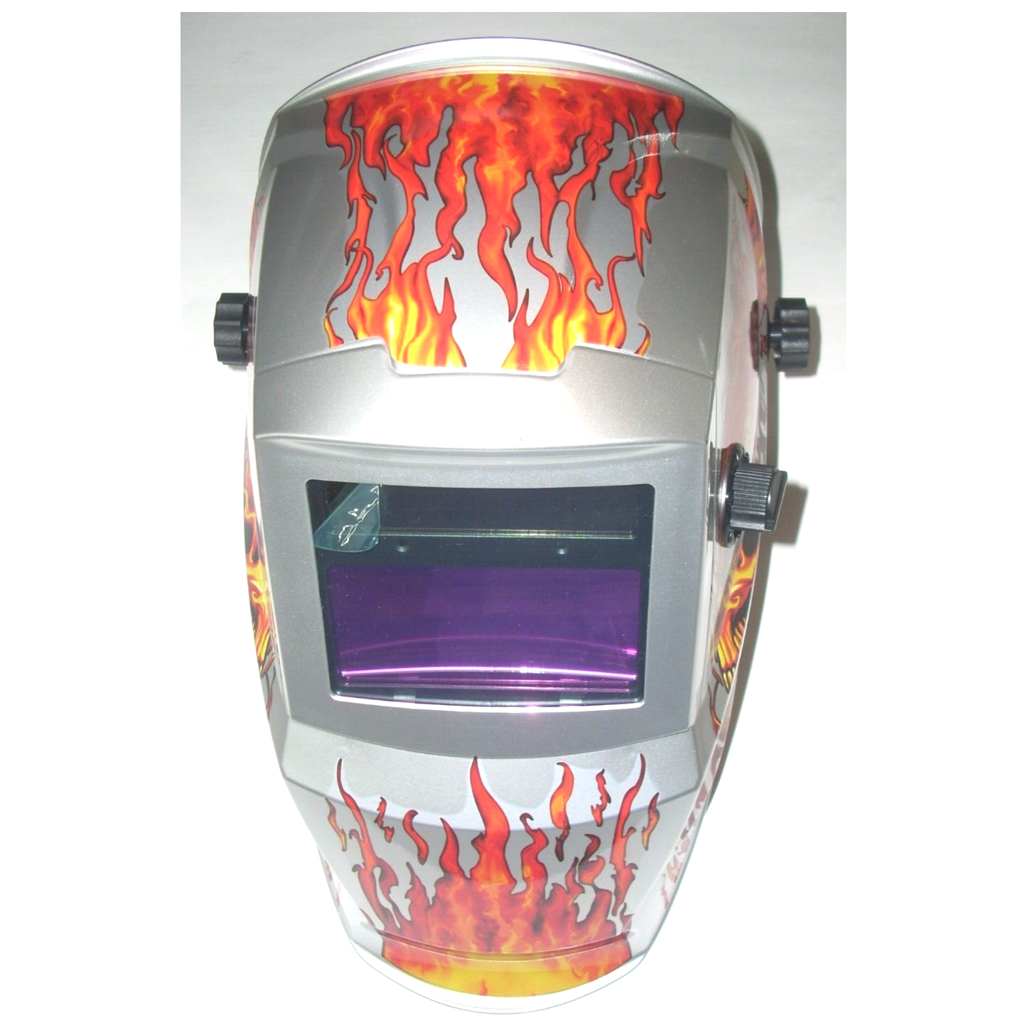 Silver Flames Welding Helmet Auto Darkening Adj Shade 9-13 Solar w 2 Extra Lens