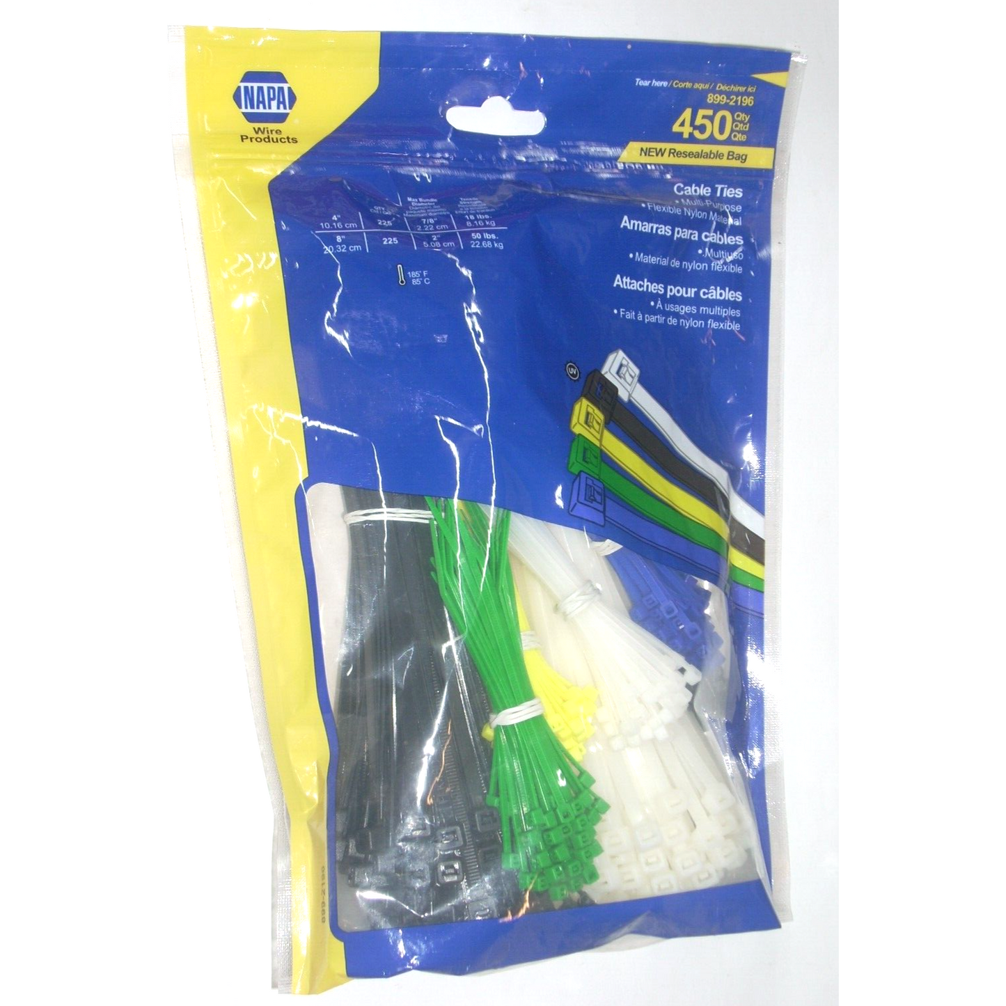 Napa 899-2196 Standard Cable Ties (225) 4" & (225) 8" Multiple Colors Incl 450pk