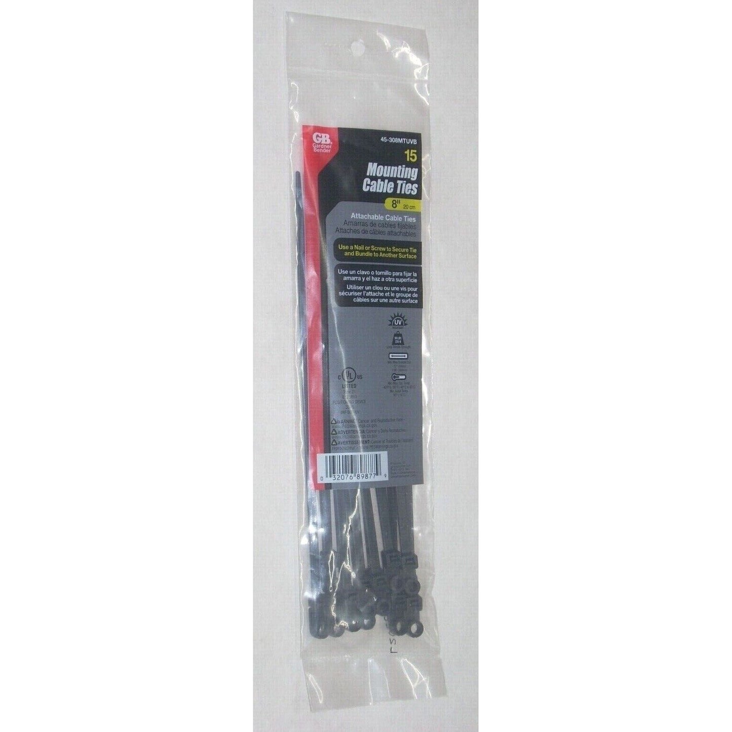 Gardner Bender 45-308MTUVB Push Mount Black Cable Ties 8" Long 50 lb 15 pk
