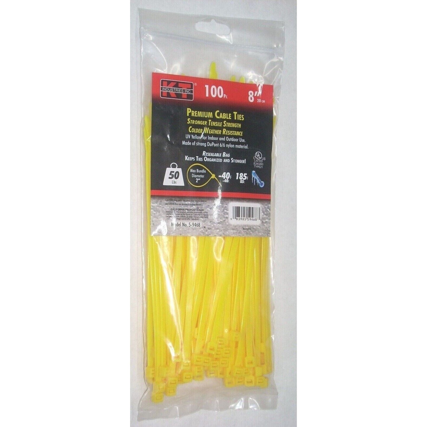 KT Industries 5-9468 Premium Yellow Cable Ties 8" Long 50 lb Cap 100 pk