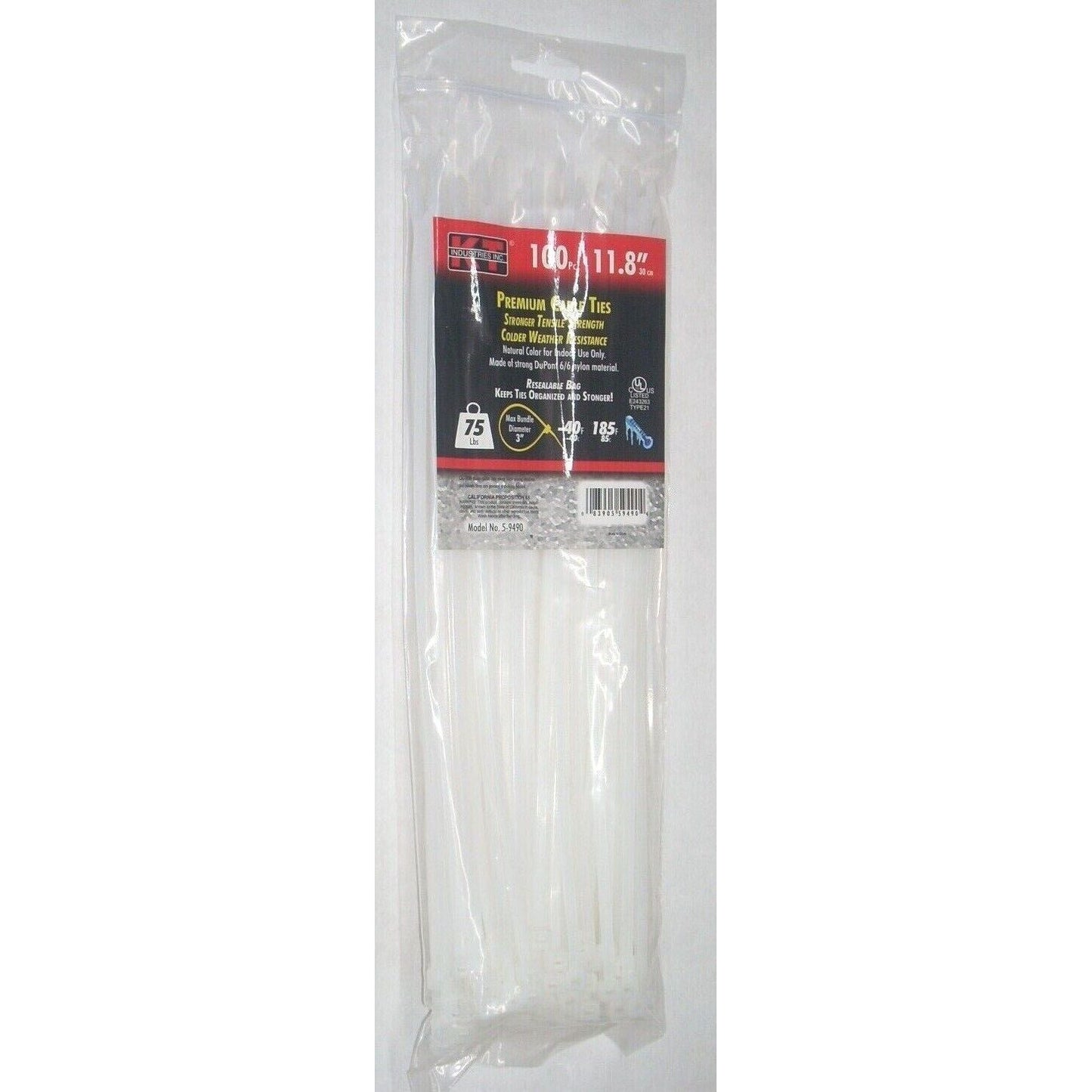 KT Industries 5-9490 Premium White Cable Ties 11.8" Long 75 lb Cap 100 pk