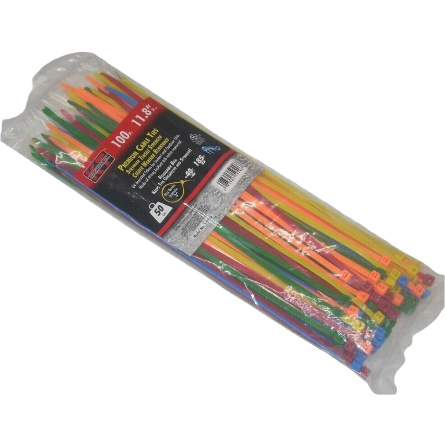 KT Industries 5-9496 Premium Multi-Color Cable Ties 11.8" L 50 lb Cap 100 pk