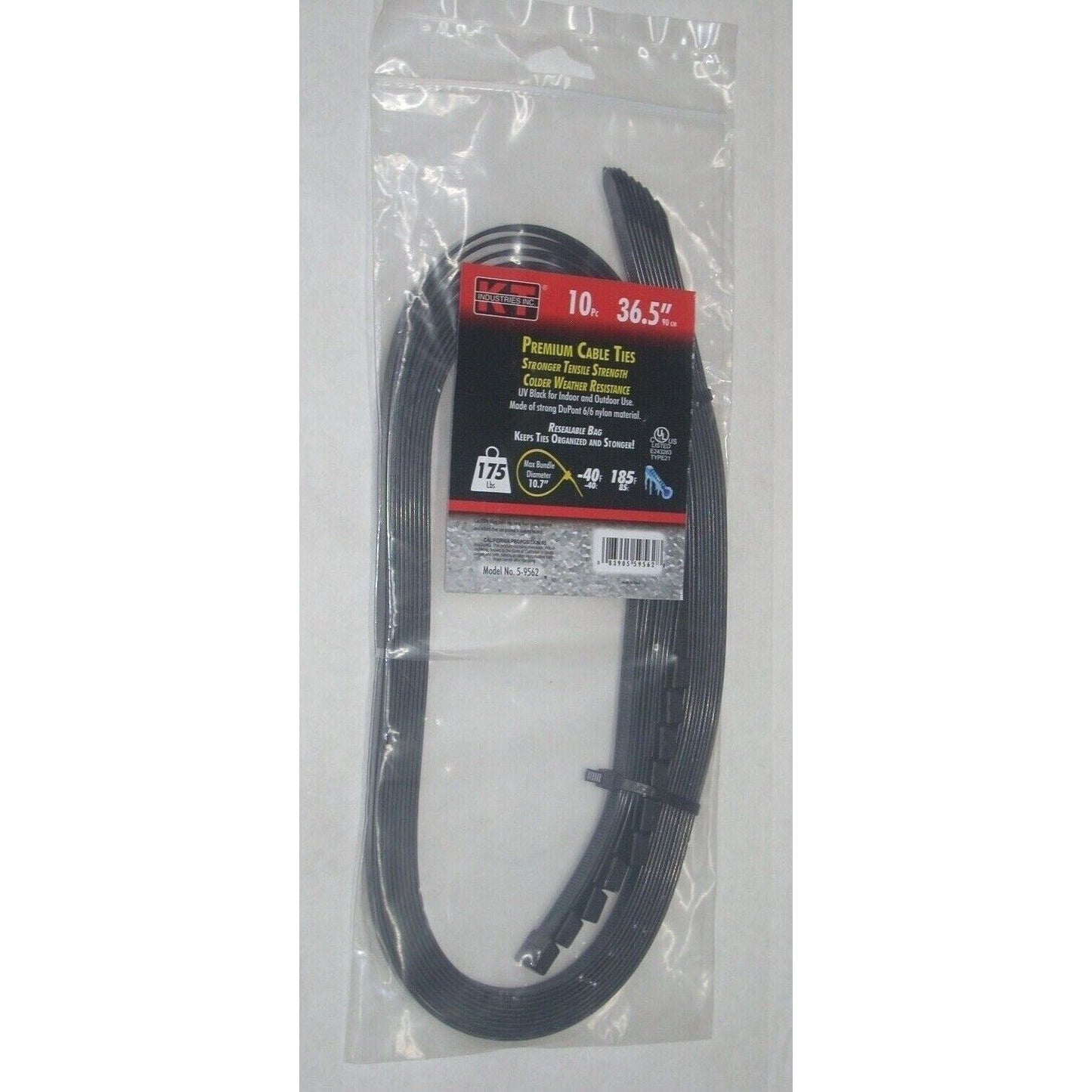 KT Industries 5-9562 Premium Black Cable Ties 36.5" Long 175 lb Cap 10 pk
