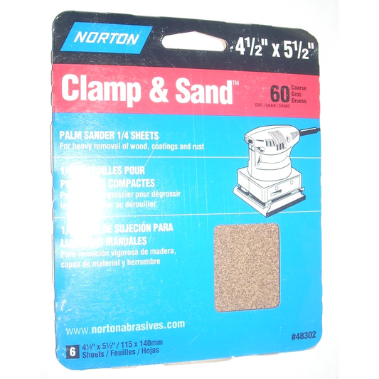 6 Norton Clamp & Sand Paper 1/4 Sheets for Palm Sander 60 Grit 4 1/2 x 5 1/4