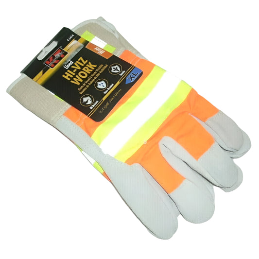 KT Industries 4-5414 Lined Hi Viz Leather Palm Work Gloves Size L